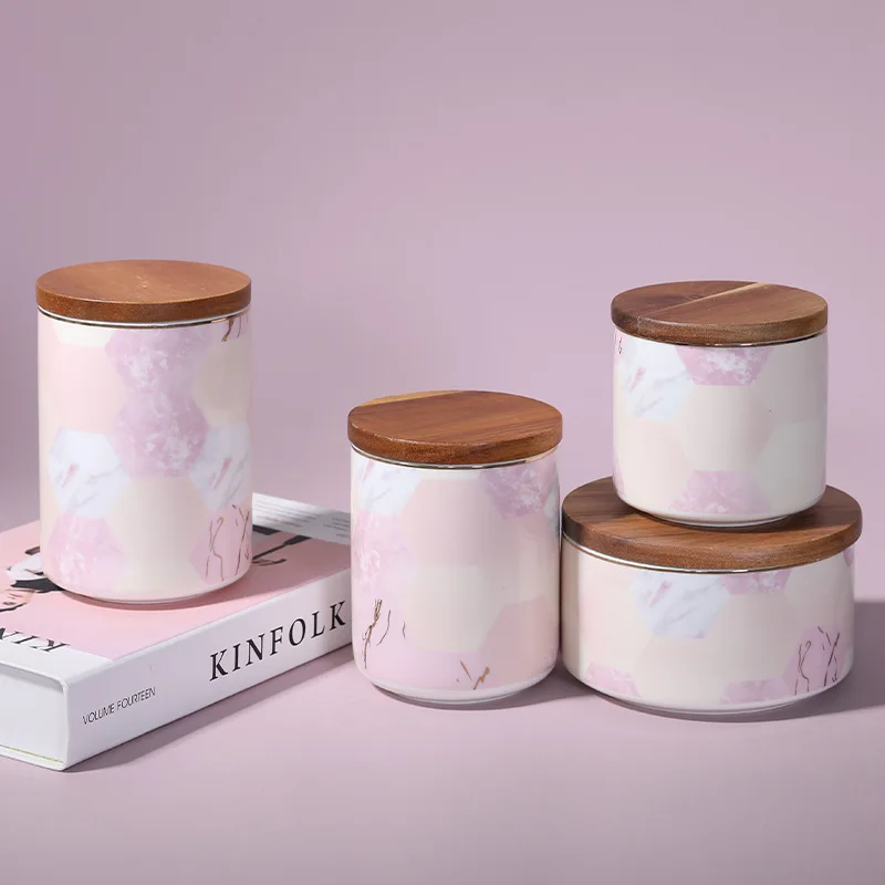 

New Factory Nordic style pink marble sealed ceramic kitchen storage tea coffee canister with lid, As picture