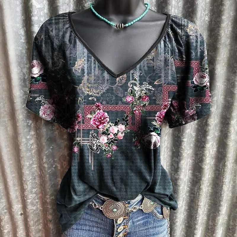 

Trendy Vintage Bohemian Casual Print V Neck Short Sleeve T-Shirt Women Boho Chic T Shirts