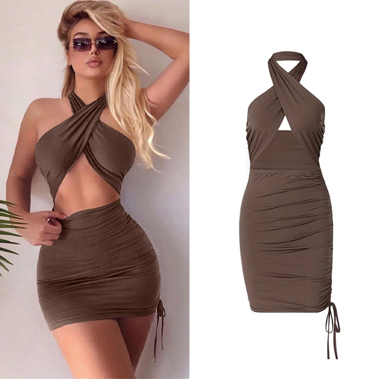 

Casual Dresses Women Fall Clothing Drawstring Halter Mini Hollow Out Backless Sexy Casual Dresses