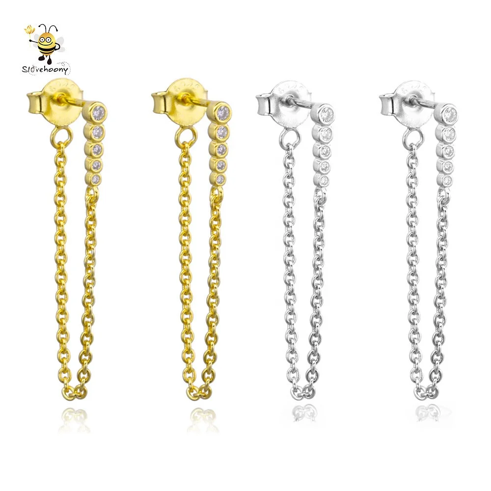 

Slovehoony 925 Sterling Silver Long Chain Link Zircon Drop Piercing Earrings For Women Party 2020 New CZ Stud Earring Jewelry