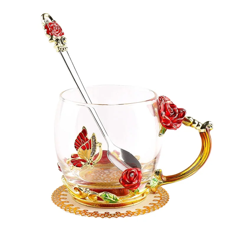 

Color Enamel Water Glass Flower Tea Cup Rose Coffee Mug With Handle And Crystal Spoon For Drinking Water Tea Business Gift, Various colors for your choice.oem are accepted