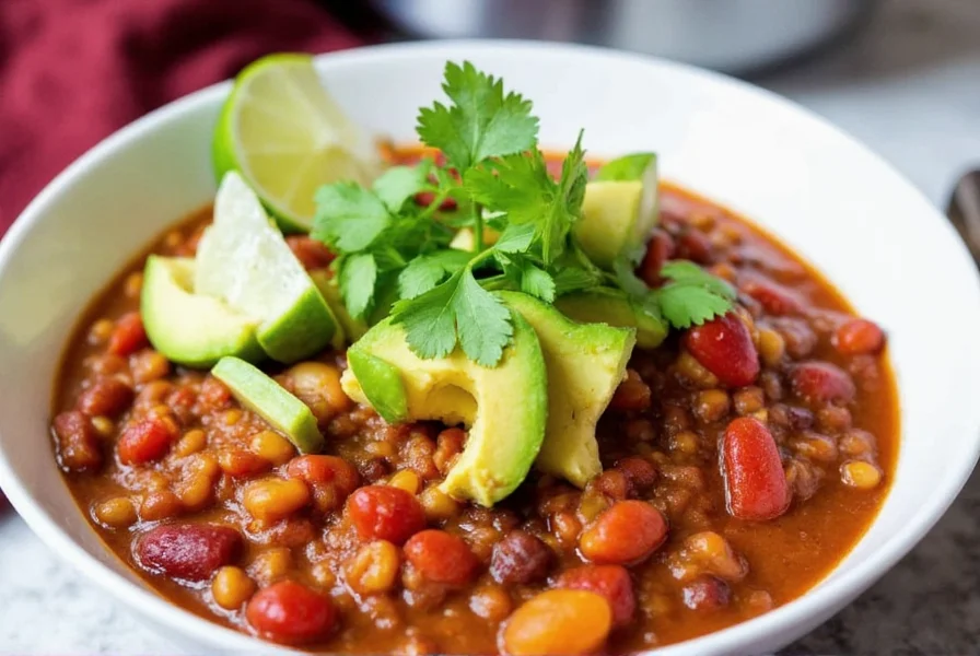 Finished bowl of vibrant instant pot vegetarian chili topped with fresh cilantro, avocado slices, and lime wedges