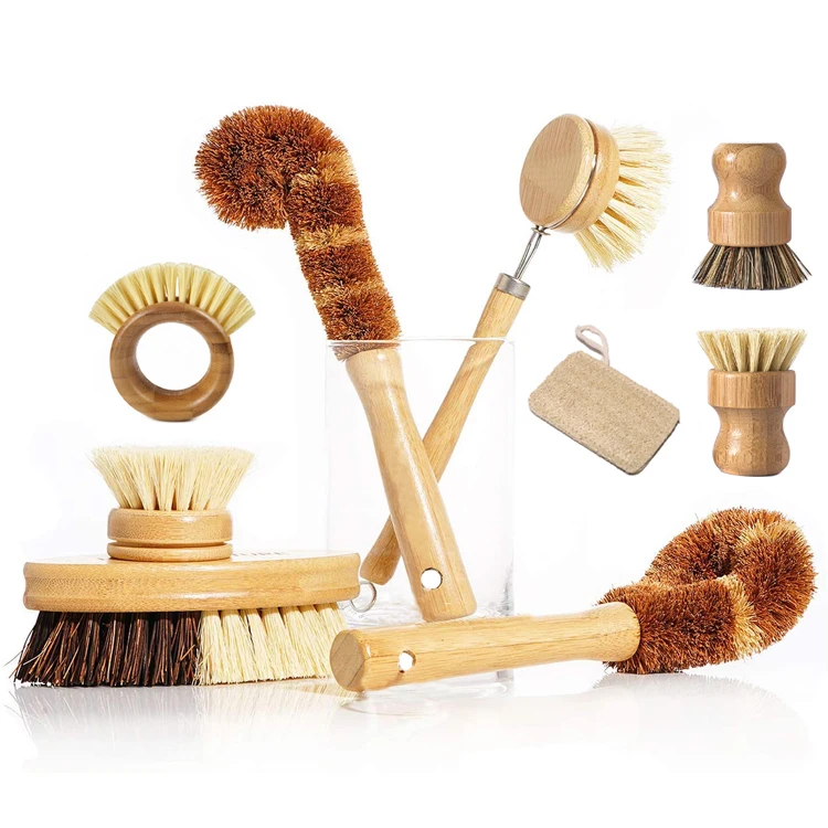 

Eco Friendly Natural Coconut Sisal Bristle Scrub Dishes Pots Pans Bottle Cleaner Bamboo Wooden Handle Kitchen Cleaning Brush Set