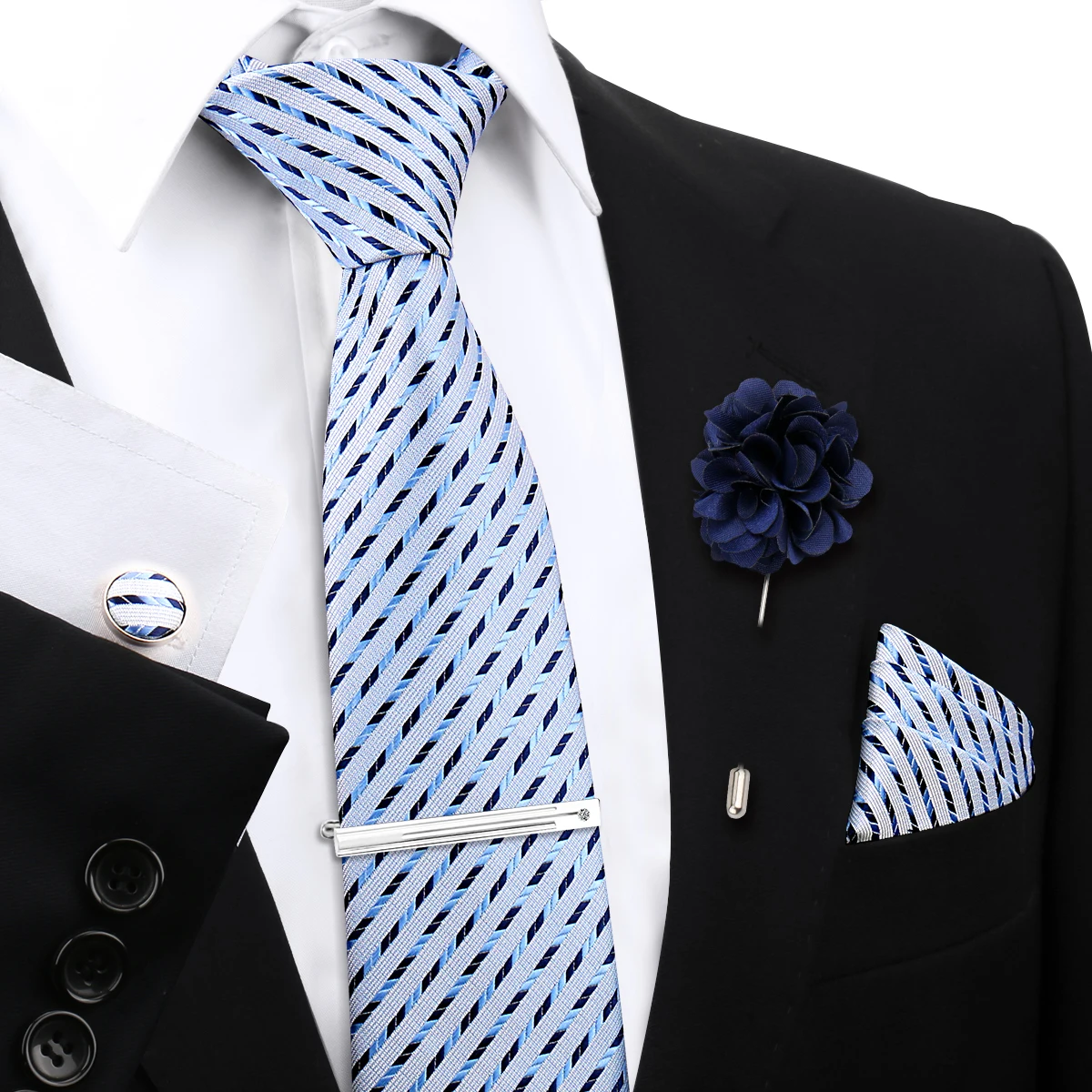 Stylish Men's Blue Striped Polyester Jacquard Suit Accessories Pocket Square Tie Clip Cuff Links Brooch Set Printed Pattern