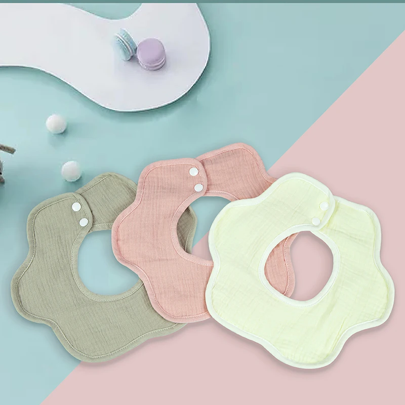 

High quality flower shape strong water absorption solid color 360 degree rotating bibs cotton baby