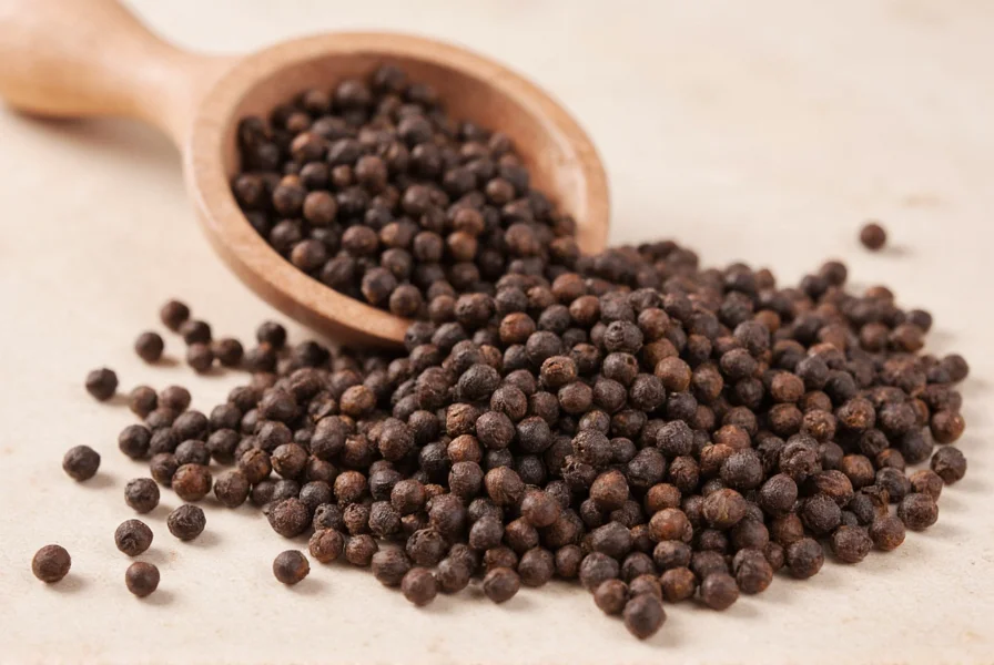 Close-up of black peppercorns with magnified view showing piperine crystals and molecular structure