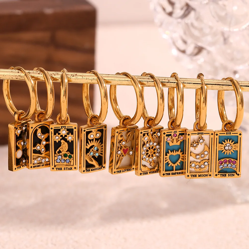 

Personalized Enamel Zircon Earrings Sun Moon Star Earrings 18K Gold Plated Stainless Steel Tarot Card Earrings For Women