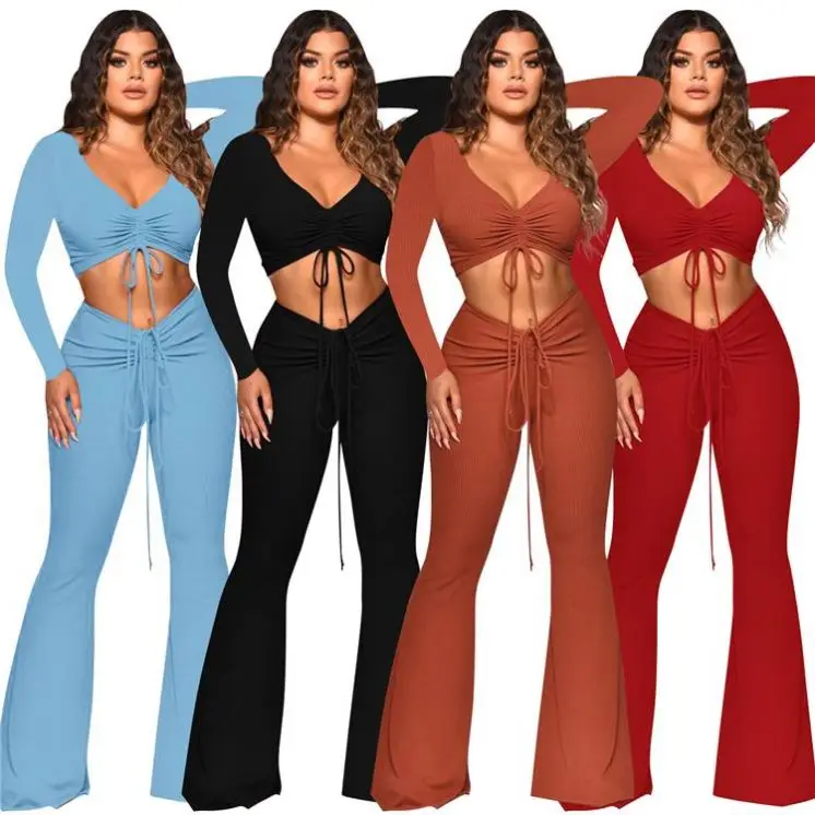 

JEAN Long Sleeve Drawstring Solid Color Women Casual Suits Summer Sets 2 Piece Set Women Clothing