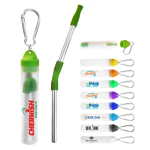 Image of New travel kit Plastic white Tube with carabiner handy 304 metal wire Cleaner Brush Drinking foldable stainless steel straw set