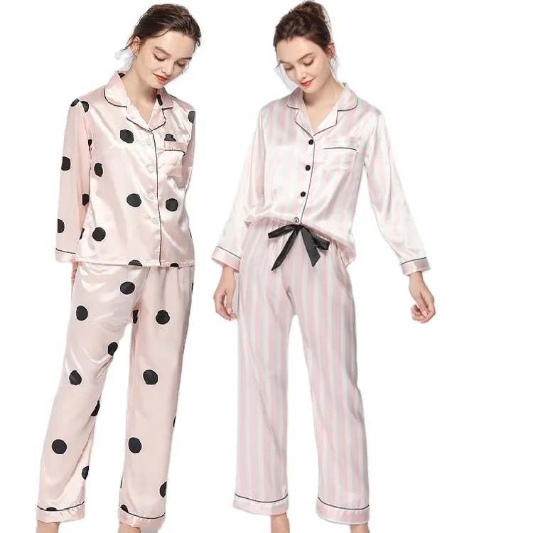 

Wholesale Summer Cardigan Long Sleeve Sleepwear Suit Female Nightwear Silk women Pajamas Set, 3colors