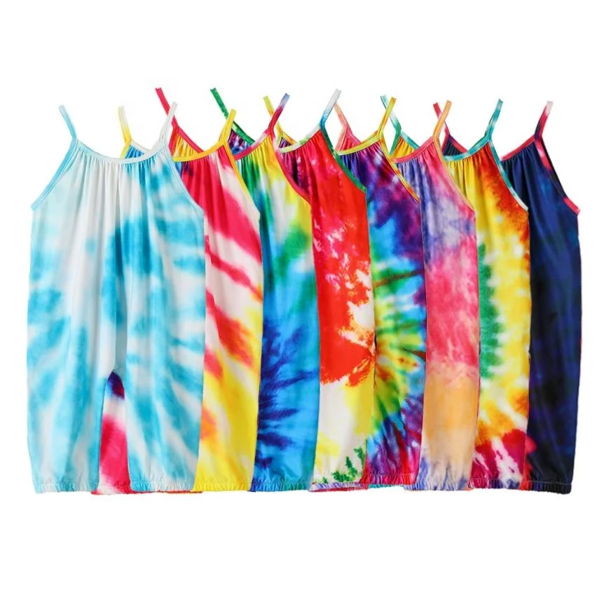 

Tie dyed little girls' long pants kids sleeveless jumpsuits baby cotton rompers children bodysuits, As picture