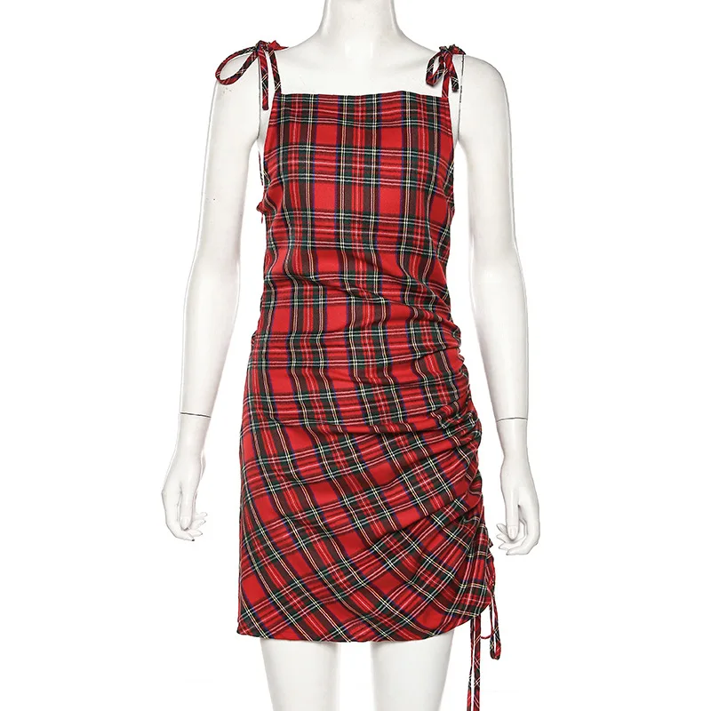 

2020 New Arrival summer plaid casual bandage off shoulder spaghetti strap sexy women ladies mini dresses
