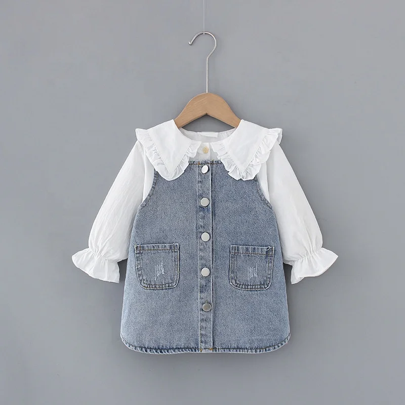 

B52339A Children girls new clothing set spring fashion two-piece shirt with denim dress, Show