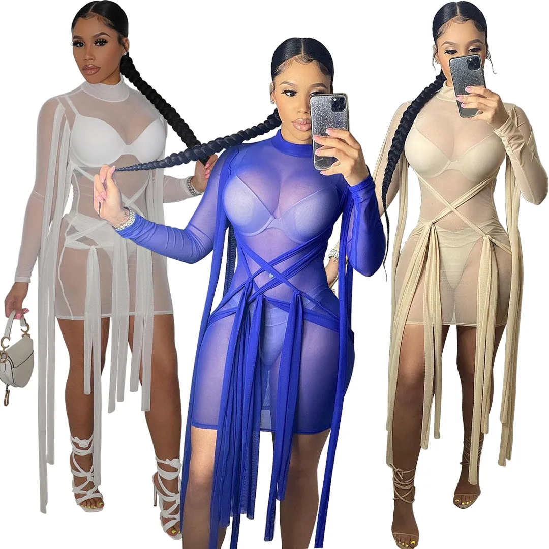 

2021 summer sexy women's nightclub style mesh perspective knot long sleeve fashion dress bandage bodycon dress short dress, Reveal