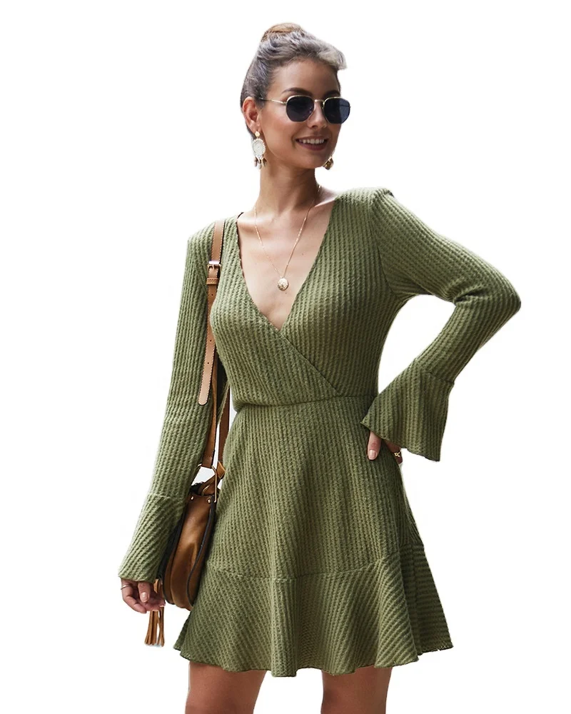 

2021 Wholesale OEM ODM Summer Fashion V-Neck Sexy Knitted Long Plus Size Women's Sweater Dress, As picture