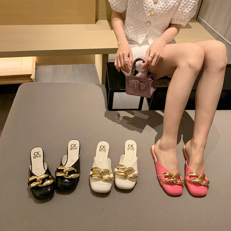 

Brand shoes women summer fashion gold chain decor slippers sandals outer wear female flats slides closed toe ladies mules