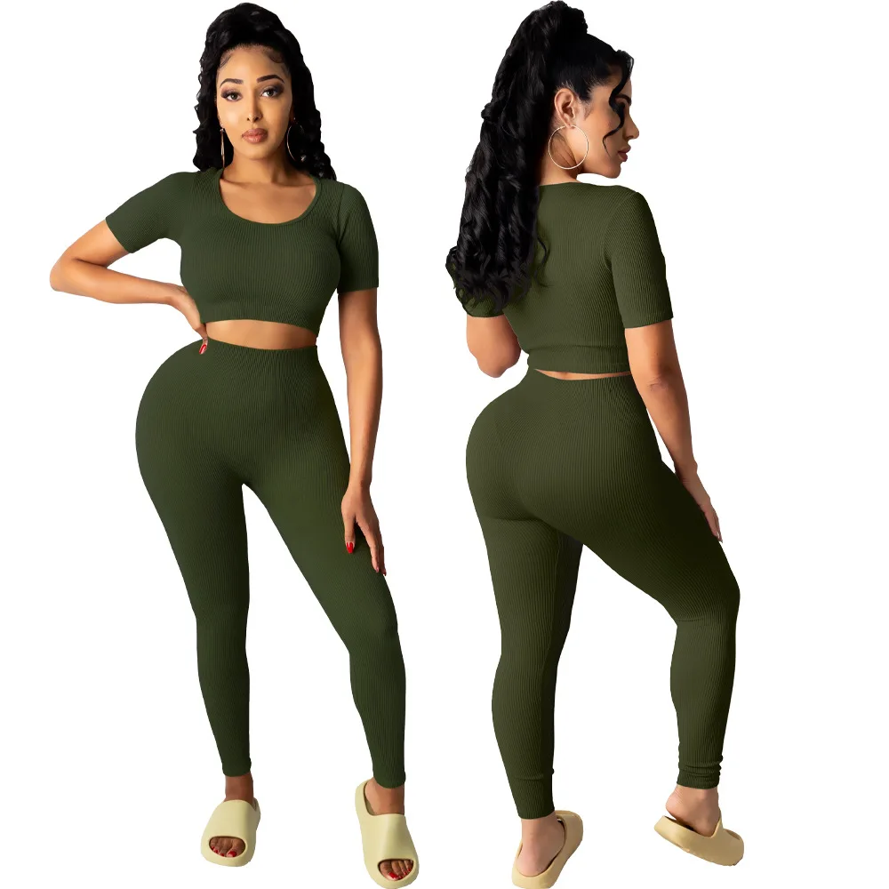 

H6144 - Fashion Casual Short Sleeve Crop Top And Pants 2 Piece Set Women