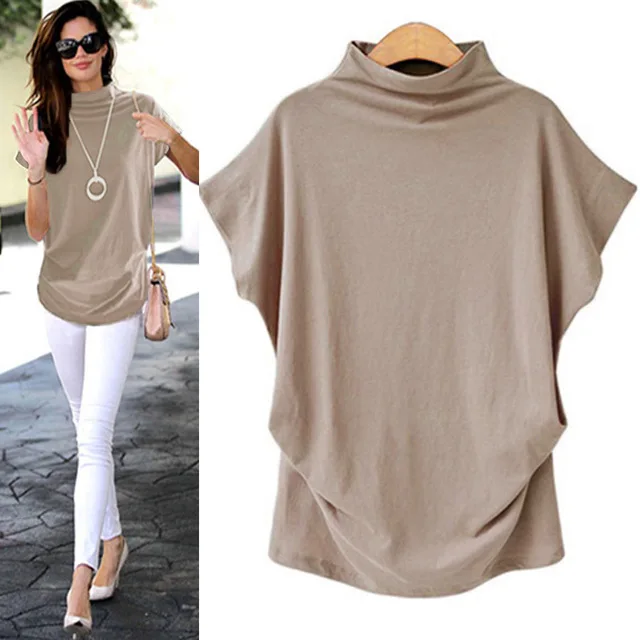 

Women Casual Turtleneck Short Sleeve Cotton Girl Solid Casual Blouse Top Shirt Female Plus Size Solid Girl Clothing Fashion