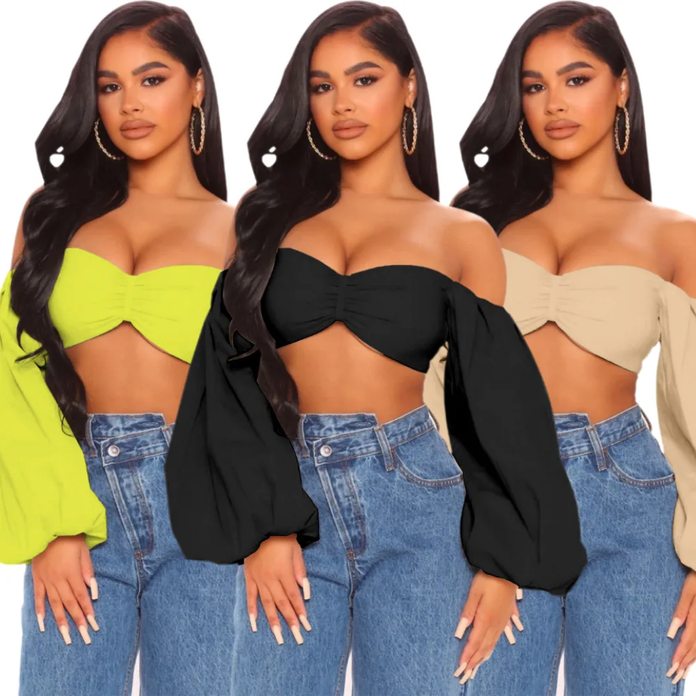 

2021 Fashion Women Sexy Wrapped Short Top Backless Lantern Sleeve Nightclub MS5234
