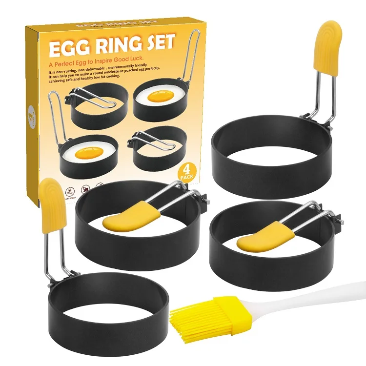 

Amazon Hot Sell 4pcs Higher Size Fried Egg Omelette Mold Handle Non-stick Egg Rings Set with Silicone Brush, Black with yellow silicone