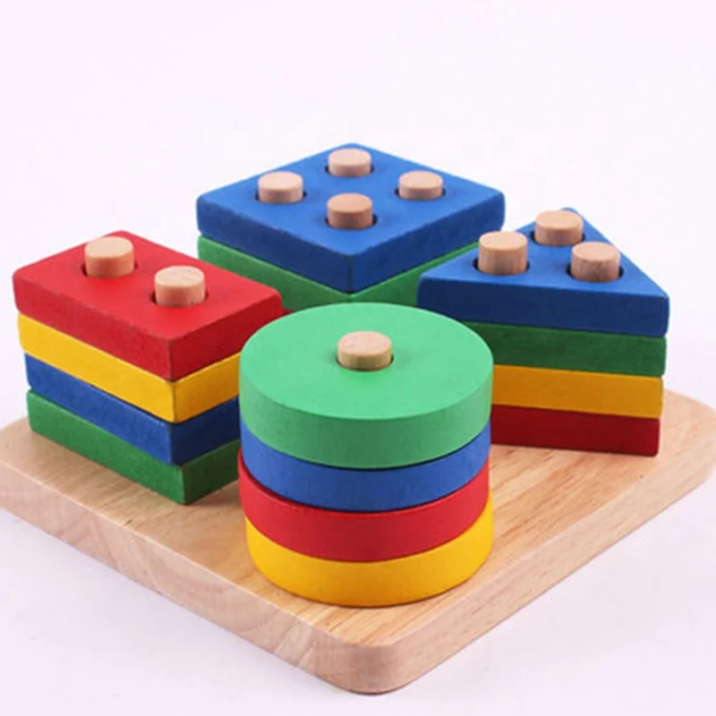 

Geometric Shapes Wooden Montessori Puzzle Sorting Math Bricks Preschool Toddler Toys