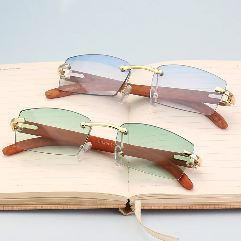 

Luxury Diamond Cut Ocean Lens Sun Glasses Men Rimless Wood Sunglasses 2021