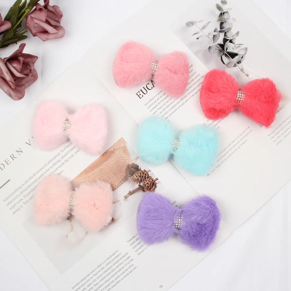 

2020 Cute Faux Rabbit Fur Sweety Solid Color Girl's Hair Bow Barrette Glitter Rhinestone Hair Accessories Hair Clip Headwear, 6 colors