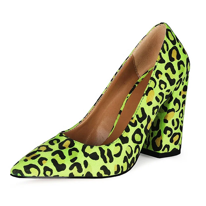 

Customized Women Chunky Heel Pumps Shoes Pointy Toe Slip On Sexy Leopard Print Heels Comfortable Office Lady Shoes Big Size 12, Yellow