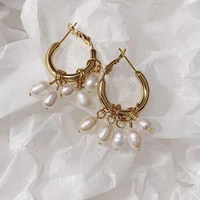 

Gold Circle Genuine Freshwater Pearl Hoop Earrings Cluster Pearl Charm Earrings Hoops Bohemia Pearl Earrings for Women