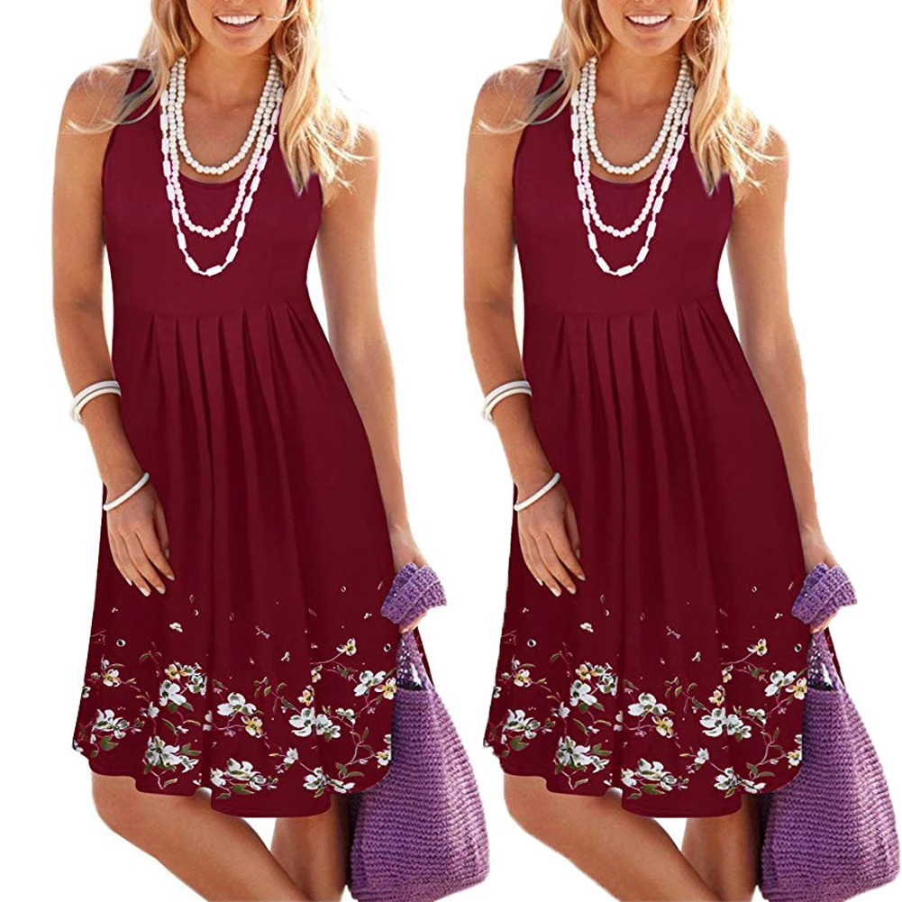 

Women Fashion New Plus Size Summer Bohemian Tunic O Neck Sleeveless Sexy A Line Swing Dress Casual Knee Length Loose Sundress, Many