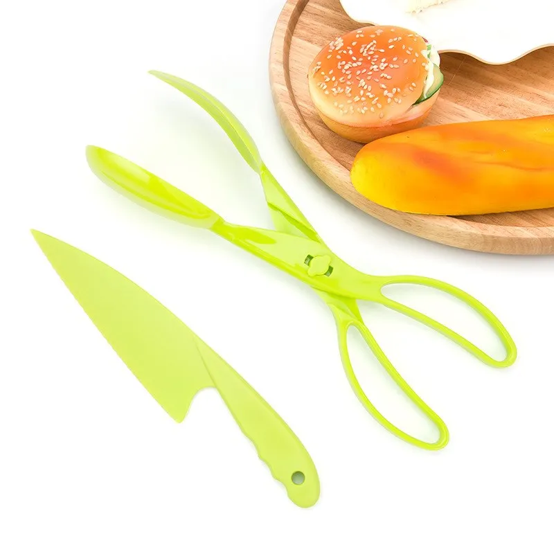 

Multi-functional Plastic Knife Salad Serving Tongs Kitchen Scissor Bread Cake Knife Food Tong, Green, orange