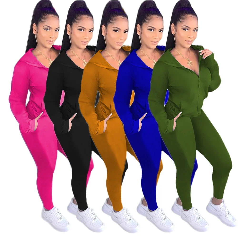 

10702-SW30 hooded zipper blouse solid color casual sport two piece pants set women sehe fashion, 5 colors