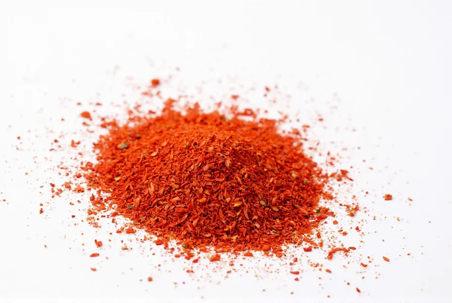Close-up of vibrant red chili flakes sprinkled on white background showing texture and color