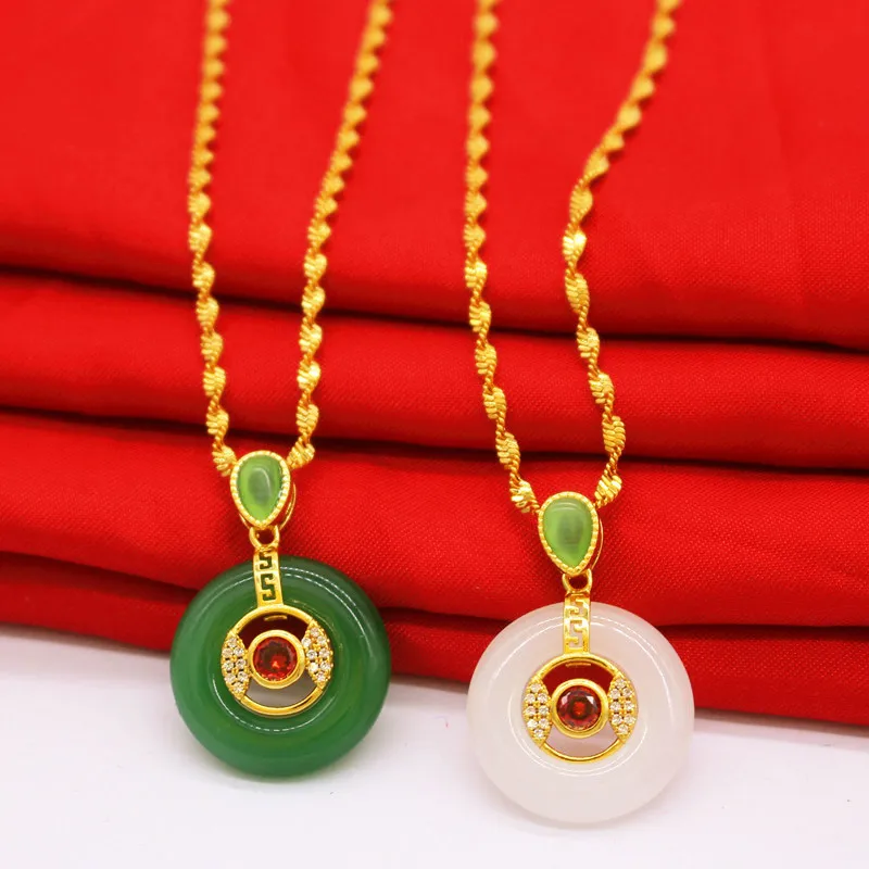 

Vietnam Sand Gold Inlaid Jade Pendant Female Safe Buckle Gemstone Chalcedony Necklace Ethnic Style Clavicle Chain Jewelry