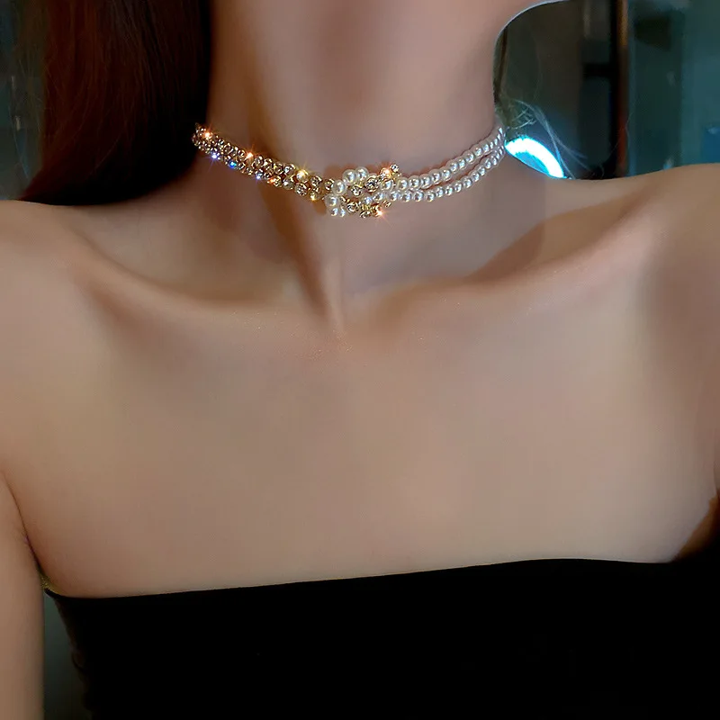 

Ins Simple Baroque Pearl Choker Necklace Shining Rhinestone Crystal Diamond Necklace Women Party Jewelry