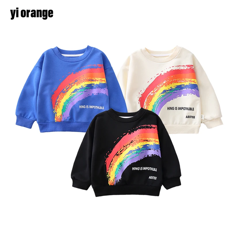

Children's clothing wholesale boys and girls round neck ribbed neckline offset printed rainbow pattern T-shirt tops boys T-shirt