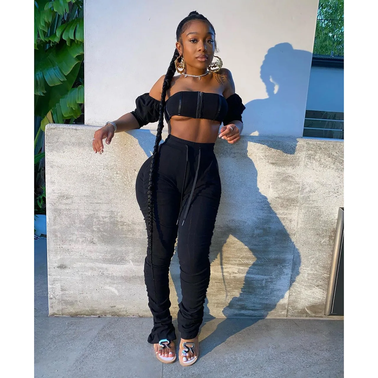 

2020 New women's high-waisted buttock sports casual suit, Gray black yellow