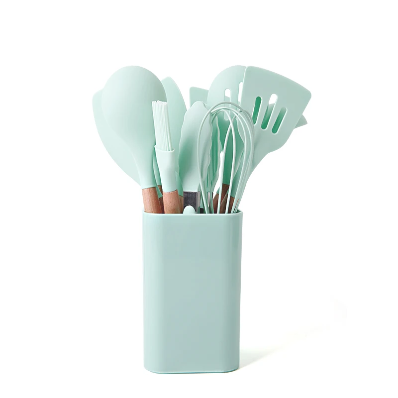 

Silicone cooking kitchen utensil set with wooden handle