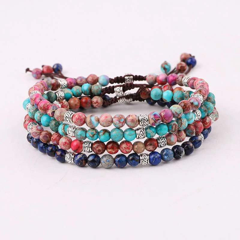 

New Design 4mm Natural Stone Colorful Imperial Stone Vintage Silver Charm Beaded Macrame Bracelet Set Women