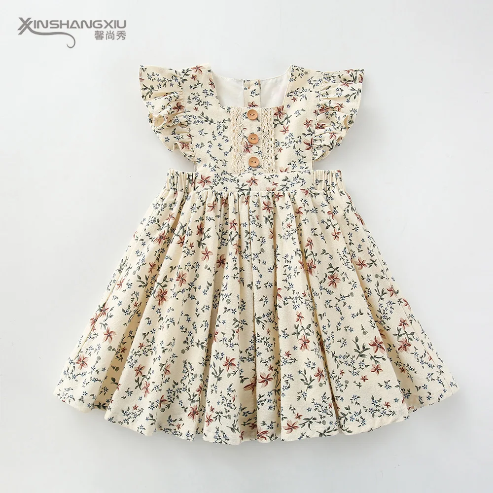 

High quality kids dress casual party pinafore flower dress ruffle shoulder floral baby girl's dresses