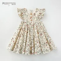 

2019 girls casual party pinafore flower kids ruffle shoulder floral baby dress