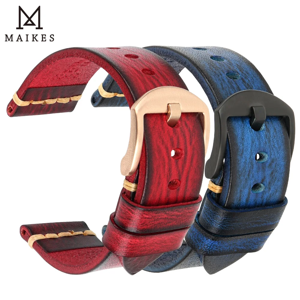 

MAIKES Hand Made Watch Band Men's Watch Bracelet Genuine Cow Leather Watch Strap Handmade Brushed Color Vintage Watchband, 7 colors