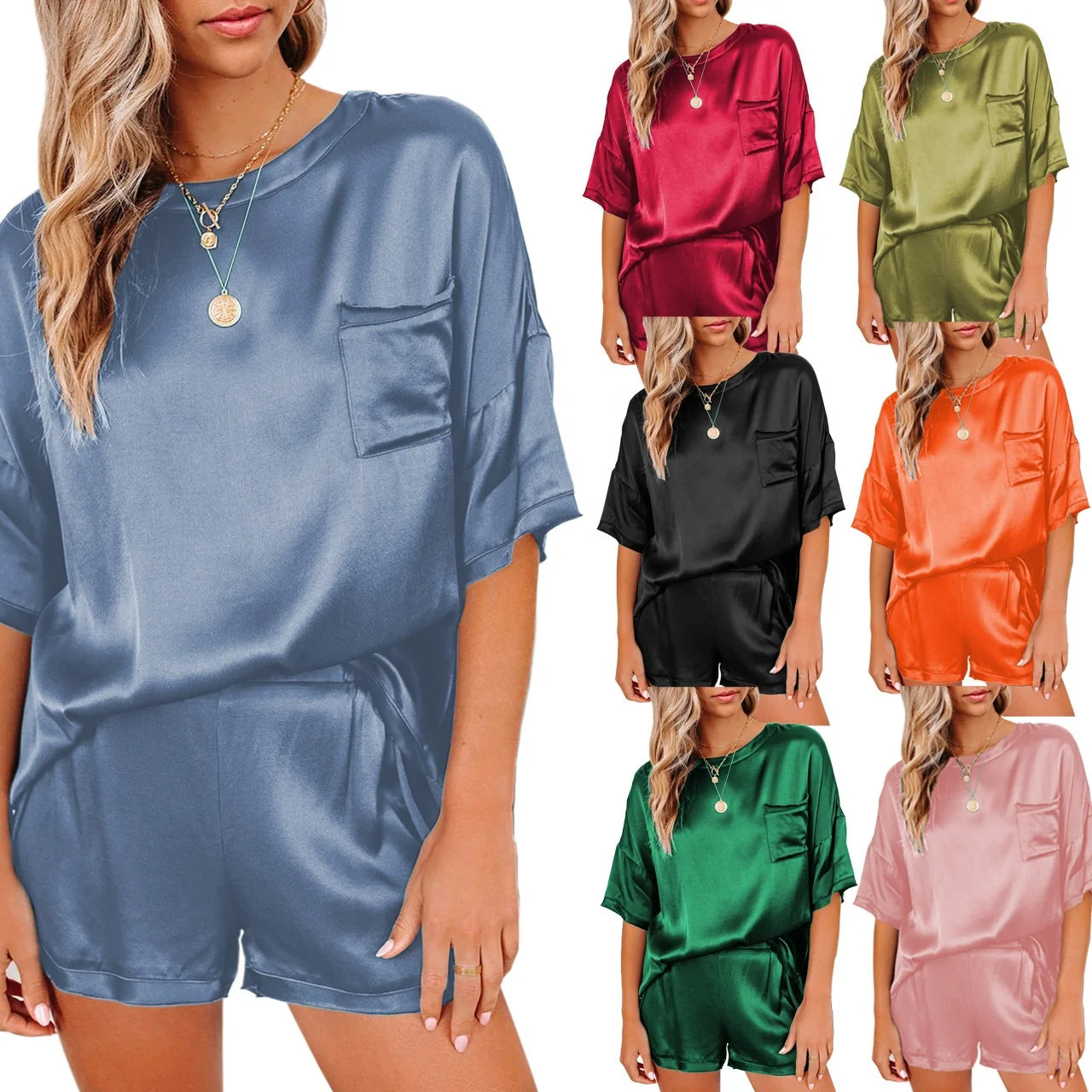 

Wholesale Sleepwear Spring Summer New Solid Color Imitation Silk Women's Sleepwear