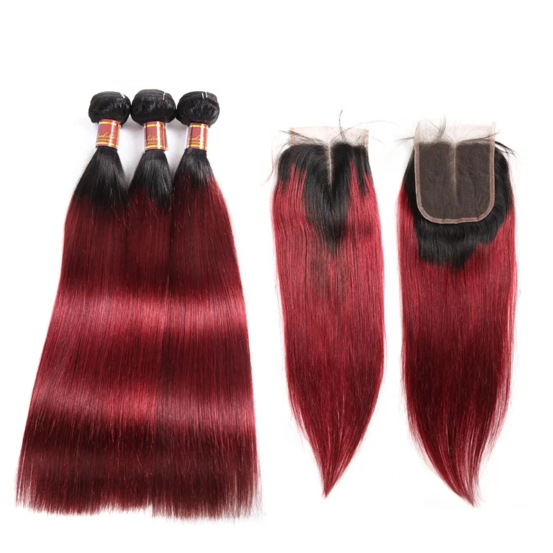 

Huashuo 50% OFF Ombre 1b 99J Brazilian Hair Weaving Straight Bundles With Closure 100% Virgin Human Hair Extensions Lace Closure