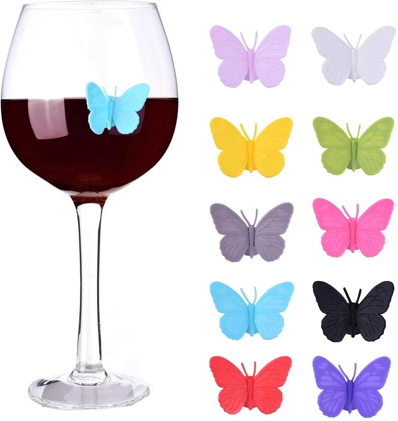 

OKSILICONE Mini Butterfly Silicone Marker With Sucker For Goblet Drink Markers Labels Glass Party Wine Charms Universal Marker, As picture shown/customized
