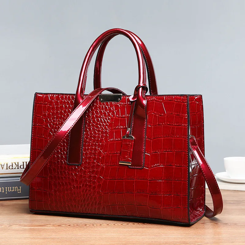 

Fashion solid color crocodile square hard lacquer tote bags women handbag luxury handbags for women, Black,red,brown