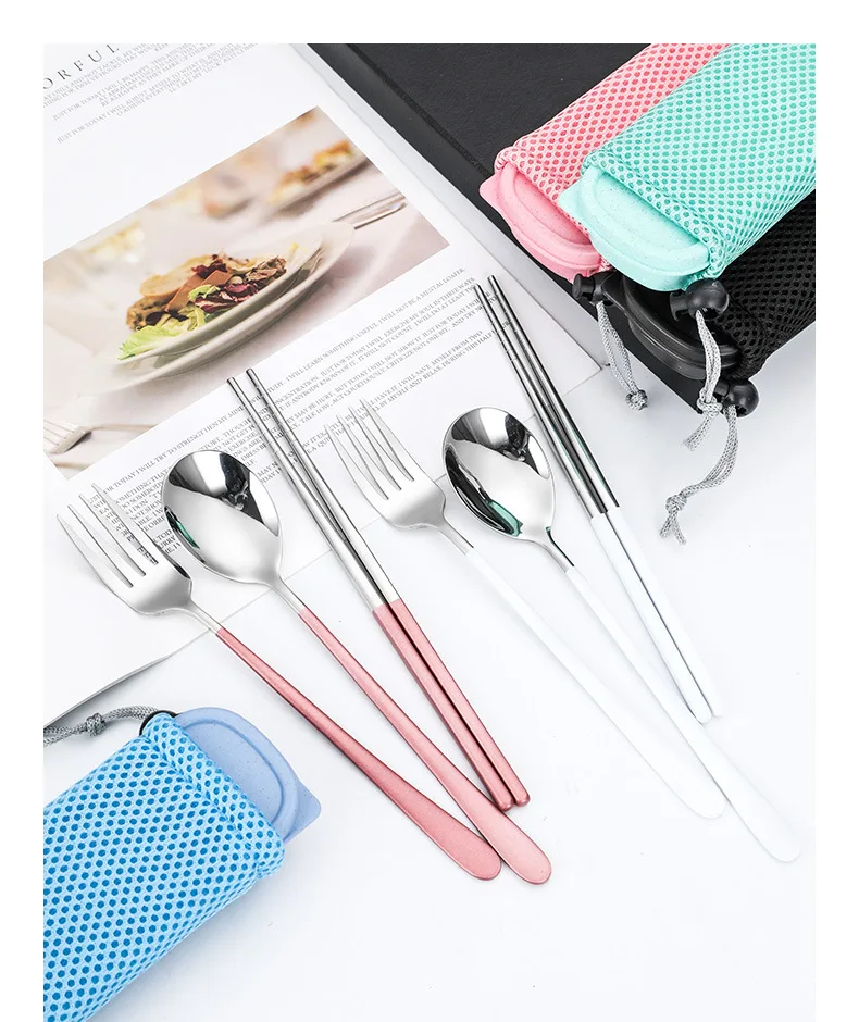 

DDA143 Travel Kit Dinnerware Picnic Cutlery Camping Chopsticks Spoon Fork Bag Flatware Stainless Steel Portable Tableware Sets, 8 colours