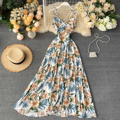 

Latest Women Sexy Backless Halter Strap Floral Print Beach Dress