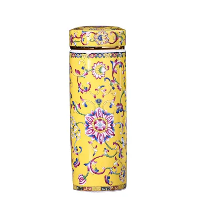 

New product double-layer personalized enamel flower ceramic vacuum flask, As shown