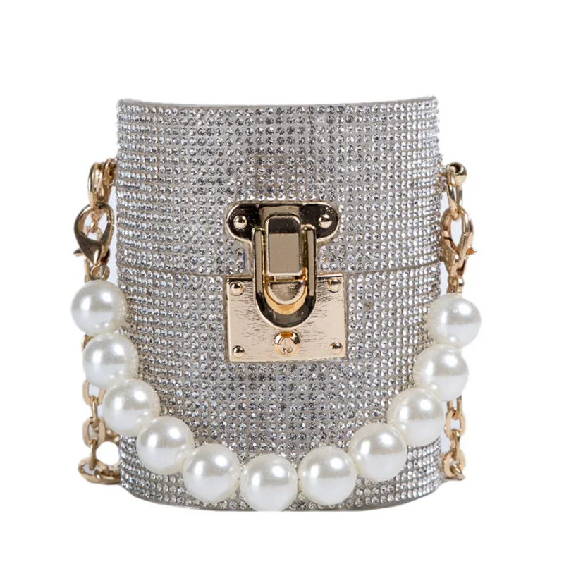 

Pearl dinner bag 2021new design diamond purse mini girl chain cylinder crystal bag, 3 colors